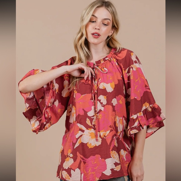 Boho Floral Print Split Mock Neck Blouse - Picture 2 of 5